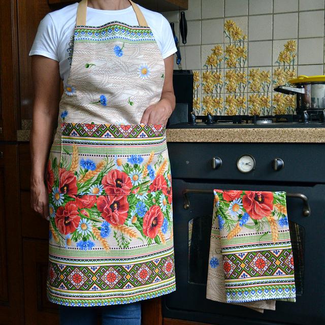 Купить кухонный фартук и полотенце в украинском стиле с маками и ромашками, ручная работа, комплект