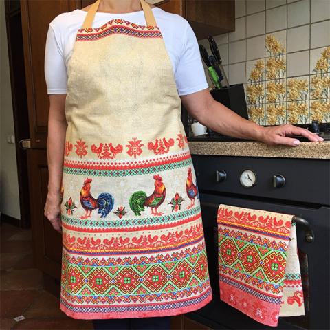 Купить кухонный фартук и полотенце в украинском стиле с петушками, ручная работа, комплект